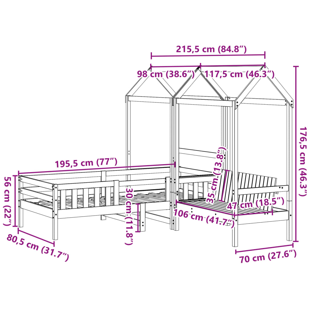 Solid Wood Bed and Bench with Roof White 75x190 cm Pine Wood