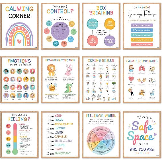BEAWART 9 Calming Corner Classroom Posters, Mental Health Posters Therapy Office Decor ,Calm Down Corner Coping Skills Wall Art for Kids Toddler 12 Calming Corner Posters