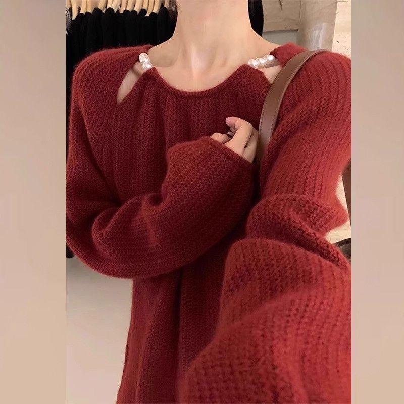 Roter Langarmpullover Damenbekleidung Herbst Winter Neu Locker Patchwork Aushöhlen Perle Langarm Bequeme Stricktops