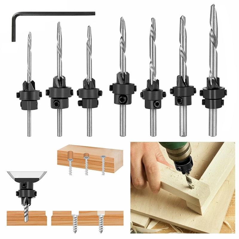 7PC Woodworking Counterbore Cone Hole Drilling Wood Screw Drilling Chamfering Expanding Drilling and Opening Tool Set