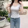 Blue Gentle and Sweet U-neck Lace Short-sleeved T-shirt for Women Spring New Pure Desire Slim Inner Layering Top