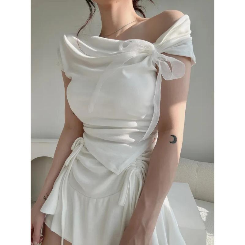 Letní Sexy Krajka Jednobarevné High Street Topy Ženy Sladká Mašle Bez Rukávů Slim Tričko Dámská Móda Šik Irregurální High Street Trička