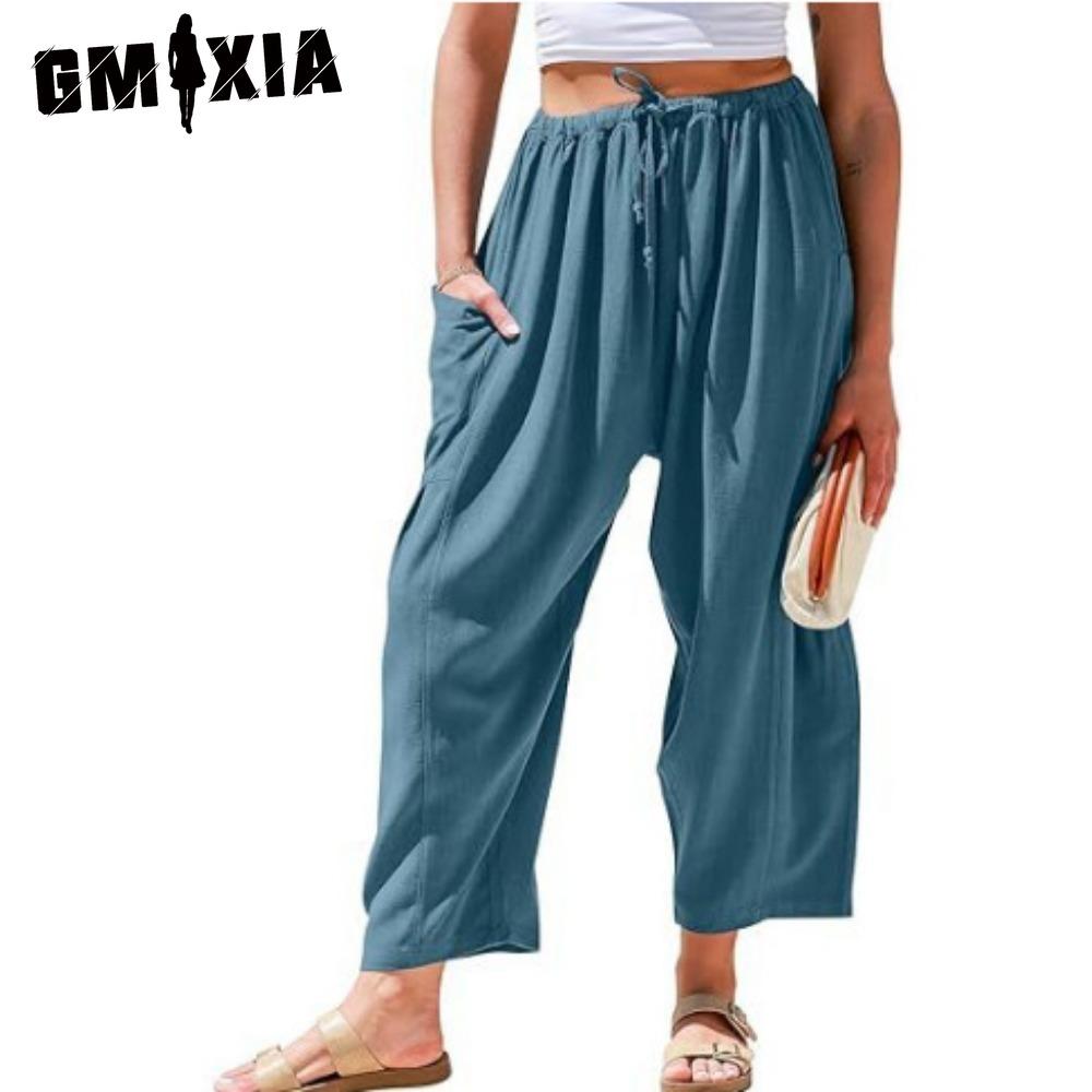 GMXIA Modne damskie spodnie i spodnie capri z wysokim stanem, na co dzień w jednolitym kolorze