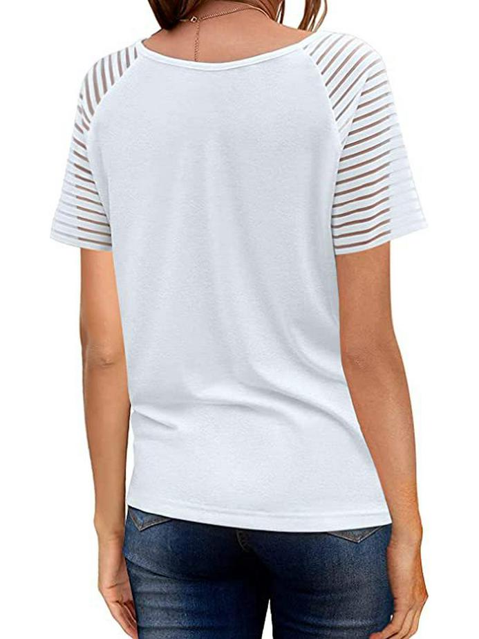 Women's European & American Summer V-neck Mesh Solid Short Sleeve Casual Loose T-shirt (2021)