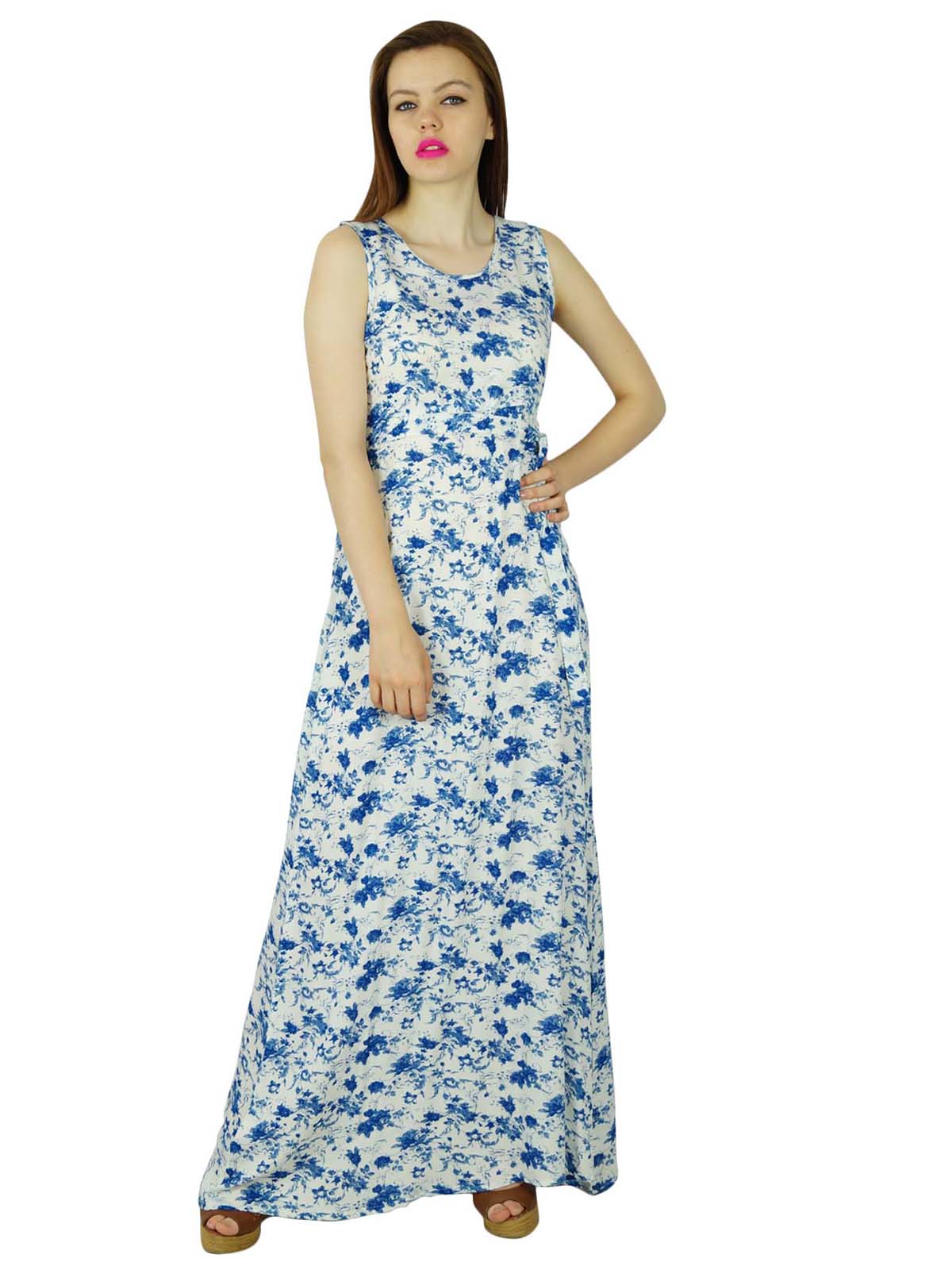 

Bimba Жіноча довга сукня без рукавів із принтом із віскози, літня пляжна довга максі 8 білий