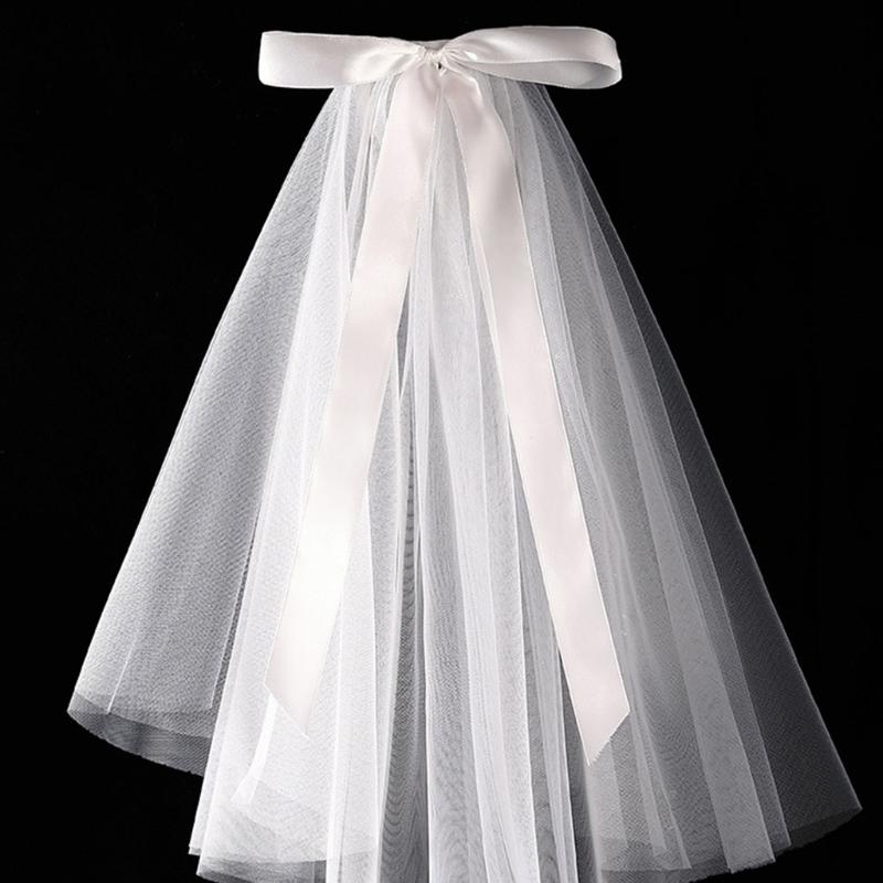 Wedding Veil with Metal Comb Wedding Hair Accessories for Flower Girl 2 Tier Tulle Length 18" Bow Ribbon Embellished