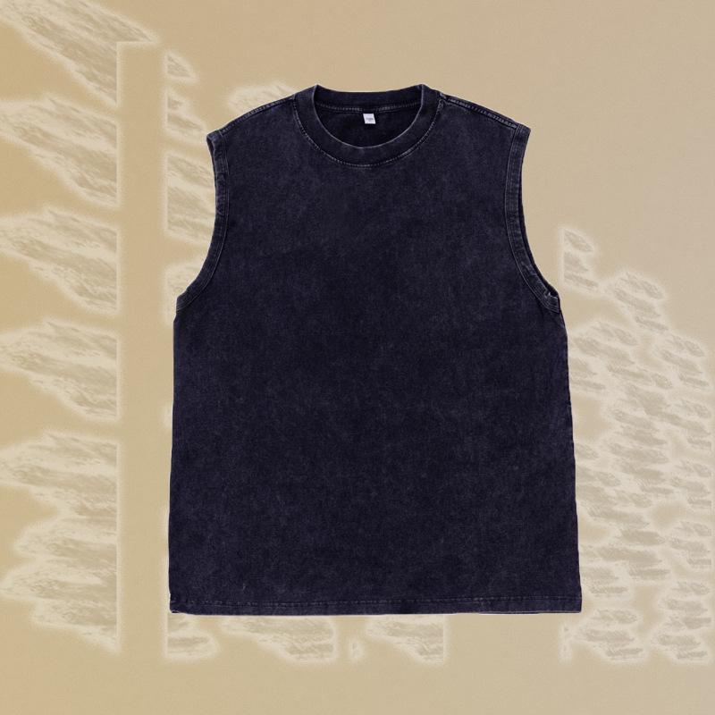 

Men s 230g Vintage Sleeveless Pure Cotton Washed Tank Top - Summer Loose Fit Fitness Vest S чёрный