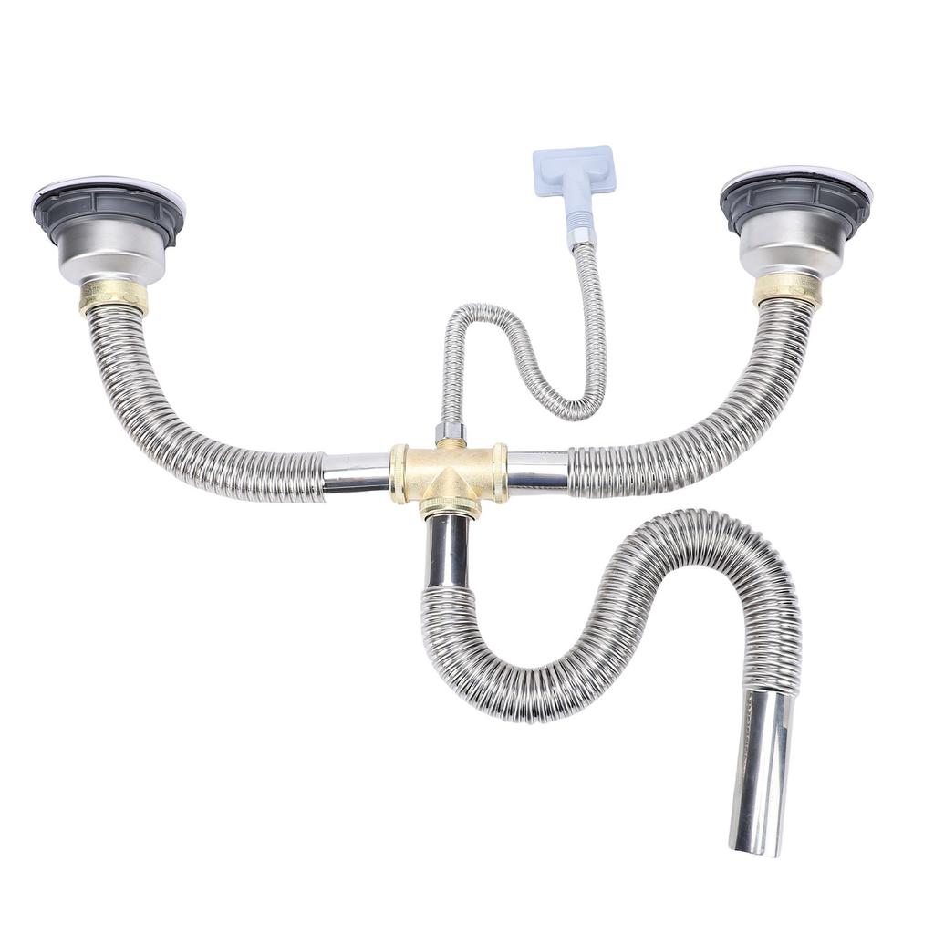 Kitchen Double Sink Downpipe Fittings Stainless Steel Flexible Drain Tubing Pipe Kit for Kitchen Bathroom Washroom