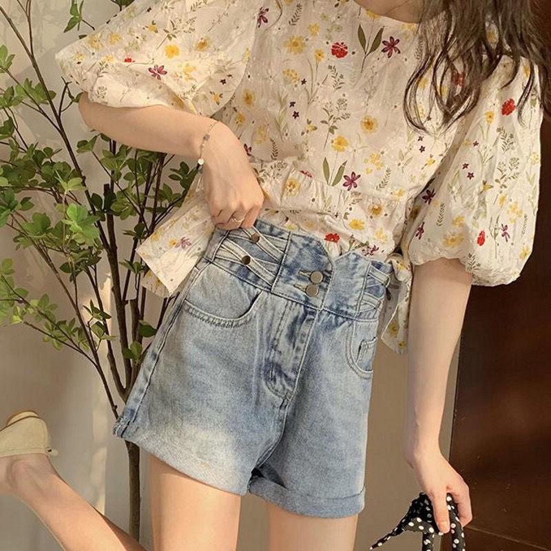Women's Hollow Jacquard Puff Sleeve Babydoll Blouse - Summer Pullover Round Neck Top