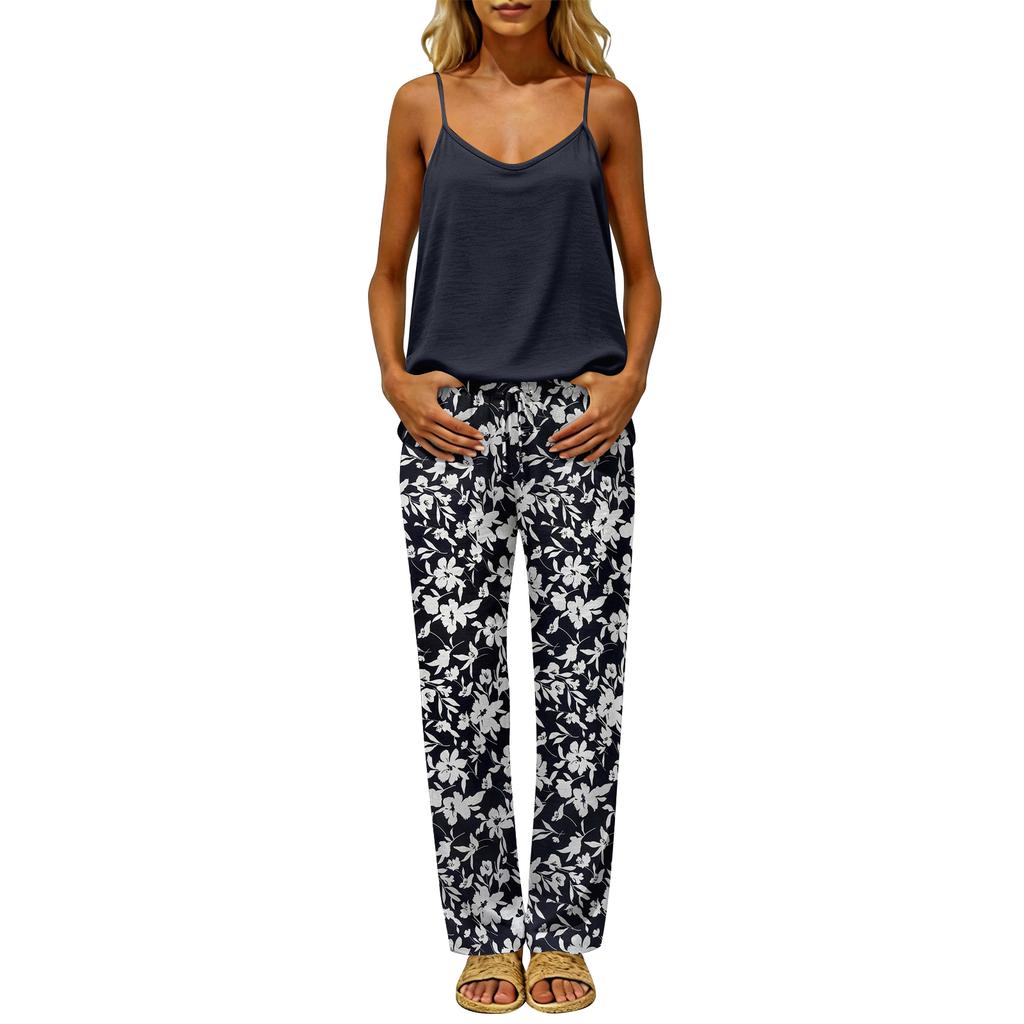 Women Sleeveless Pullover Casual Top with Back Cutout Loose Fit and Elastic Waist Floral Print Pants Two Piece Lounge Set