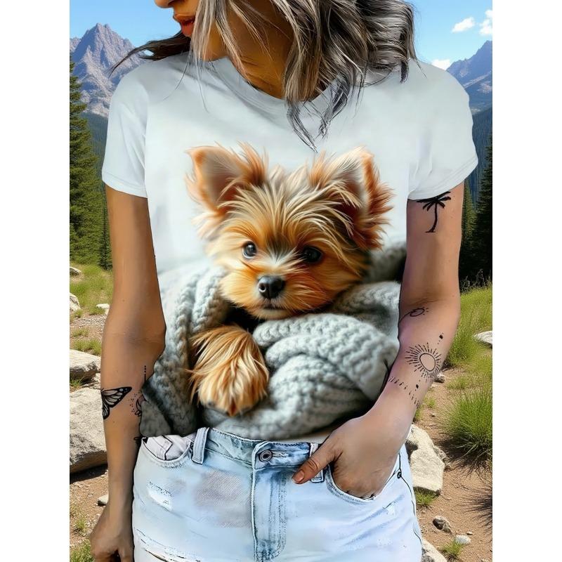 Women's Tops Trend T Shirt 3D Dog Graphic Printing Summer Breathable Round Neck Short Sleeved Top Fashion Clothes for Woman