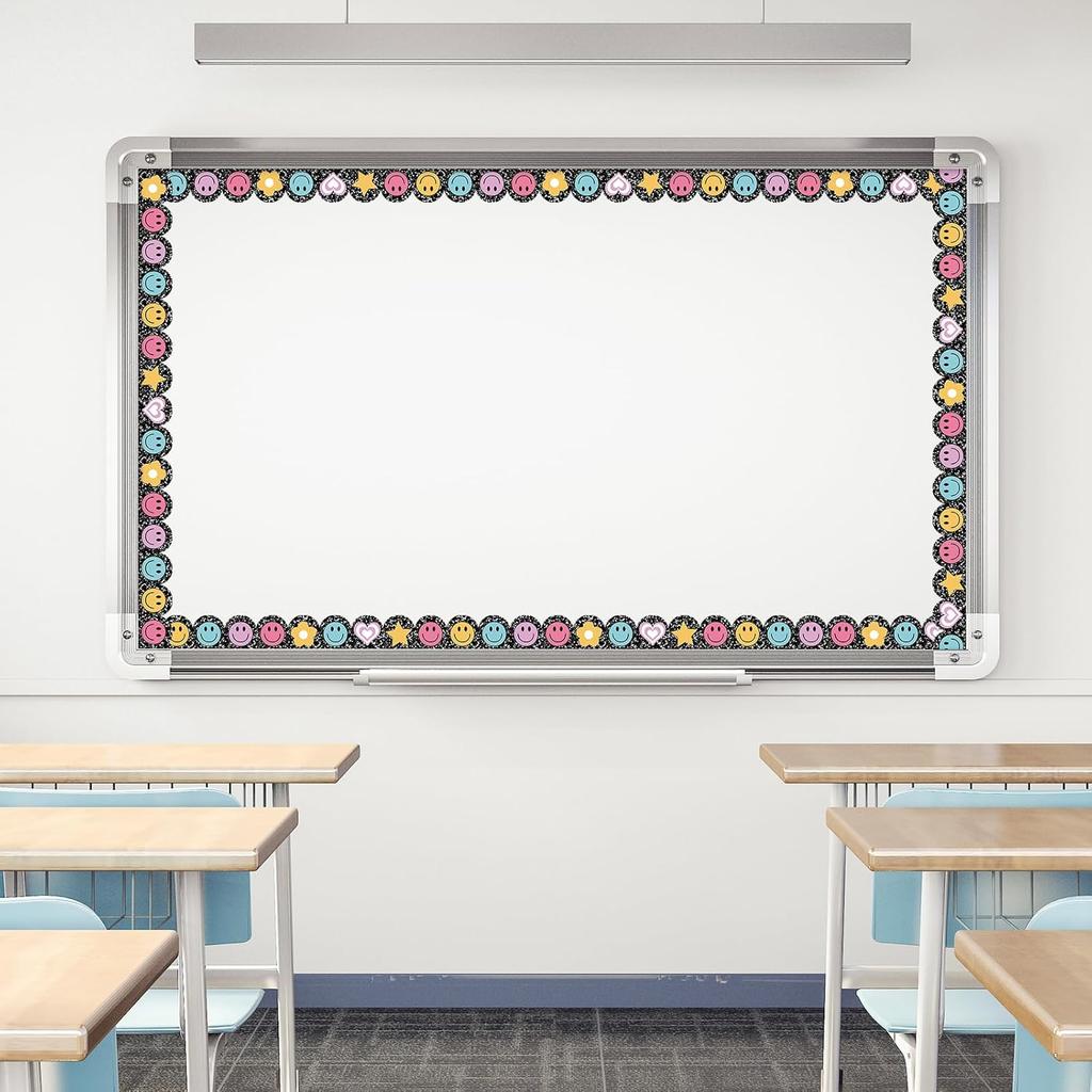 82Ft Bright Boho Bulletin Board Border Composition Smile Face Star Heart Plaid Stripe Adhesive Border Trim for Classroom Chalkboard Wall Decor