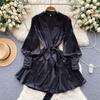 V Neck Puff Sleeve Satin Lace-up Solid Color Dresses for Women French Chic Pleated Dress Spring Women Dresses