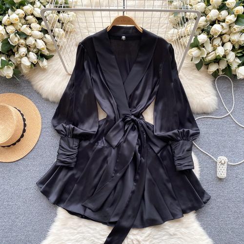 V Neck Puff Sleeve Satin Lace-up Solid Color Dresses for Women French Chic Pleated Dress Spring Women Dresses