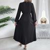 A Line Long Dress Women High Waist Pleated Solid Color V Neck Long Sleeve Spring Summer Fashion