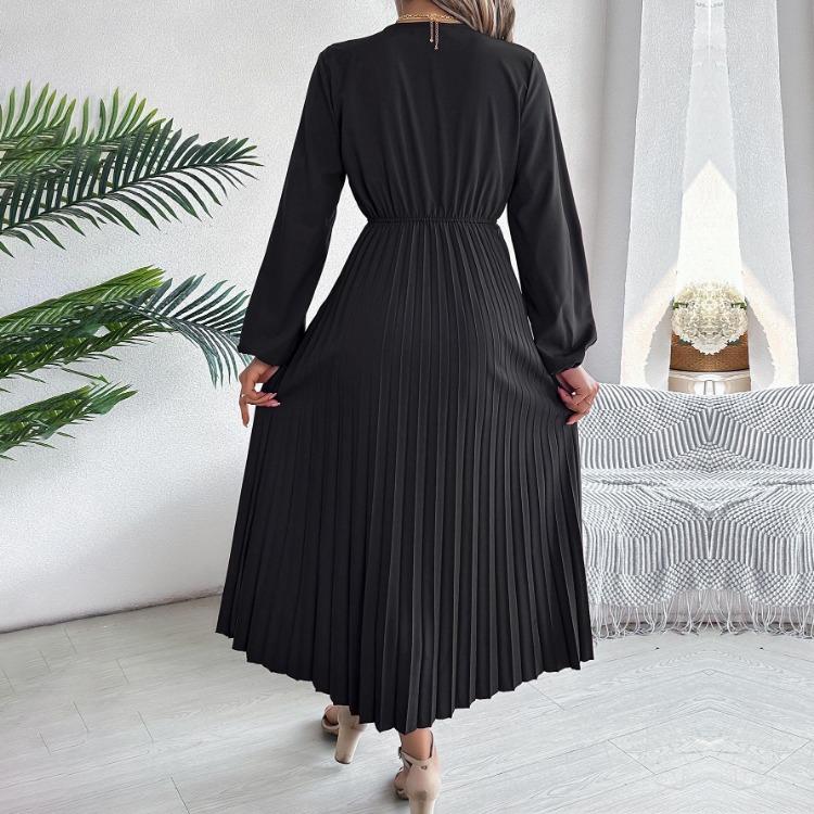 A Line Long Dress Women High Waist Pleated Solid Color V Neck Long Sleeve Spring Summer Fashion