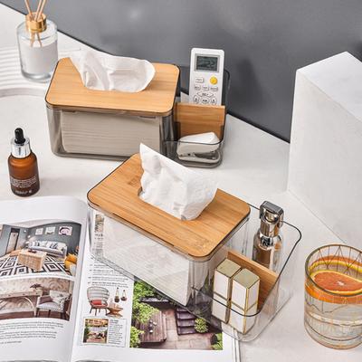 Tissue Box Transparent Tissue Container with Wooden Cover Remote Control Storage Holder for Kitchen Living Room