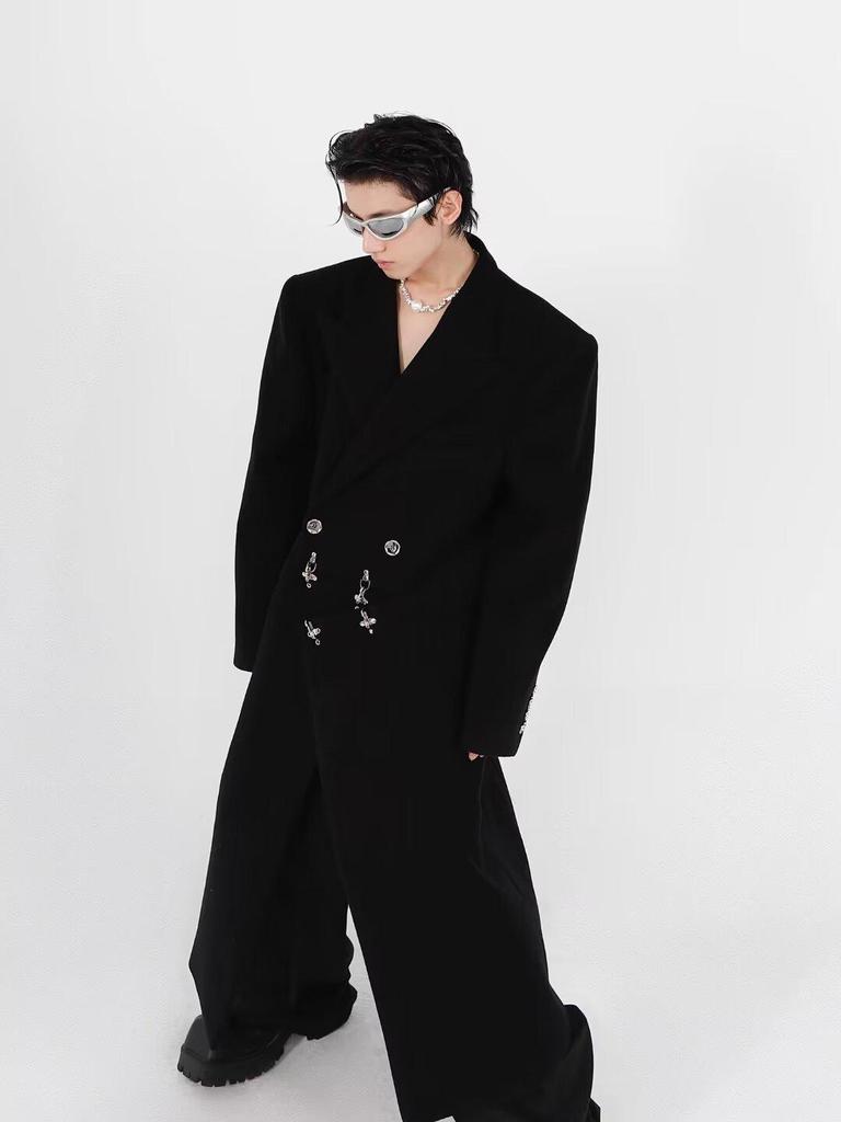 2025 Autumn Men's Plus Size Loose Wool Trench Coat with British Metal Detailing - Trendy Hong Kong Style
