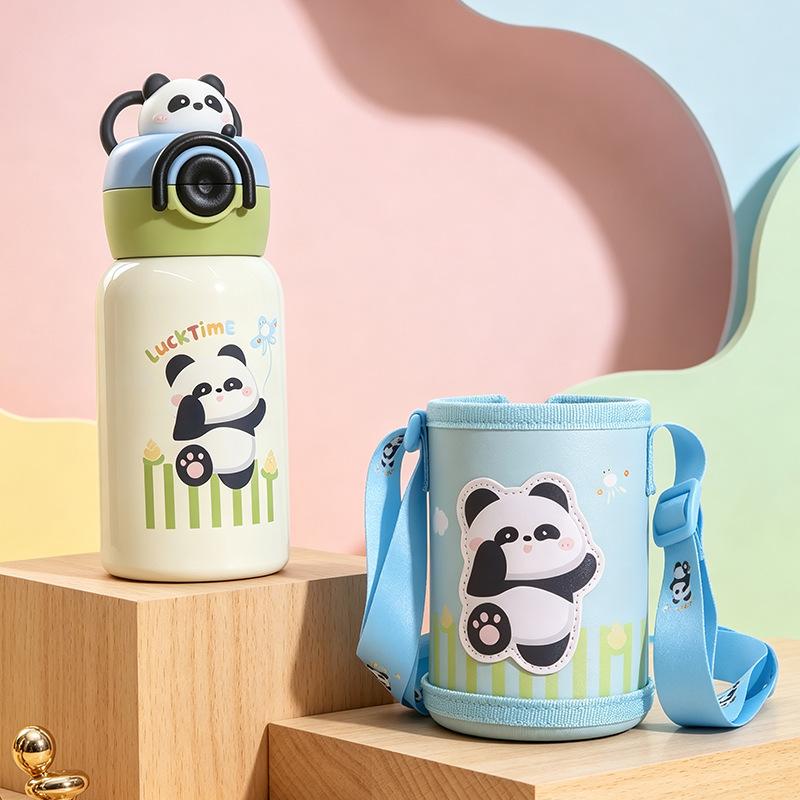 Cartoon leather cup cover bouncing 111 stainless steel thermos cup kindergarten baby drinking cup double cover straw cup