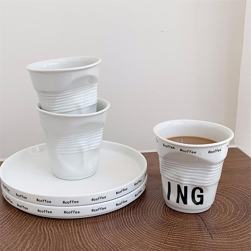 Tazas y Tazas Estilo Coreano Taza de Café Cerámica Blanca Taza Nórdica con Arrugas Vaso para Beber Café Letra Inglesa