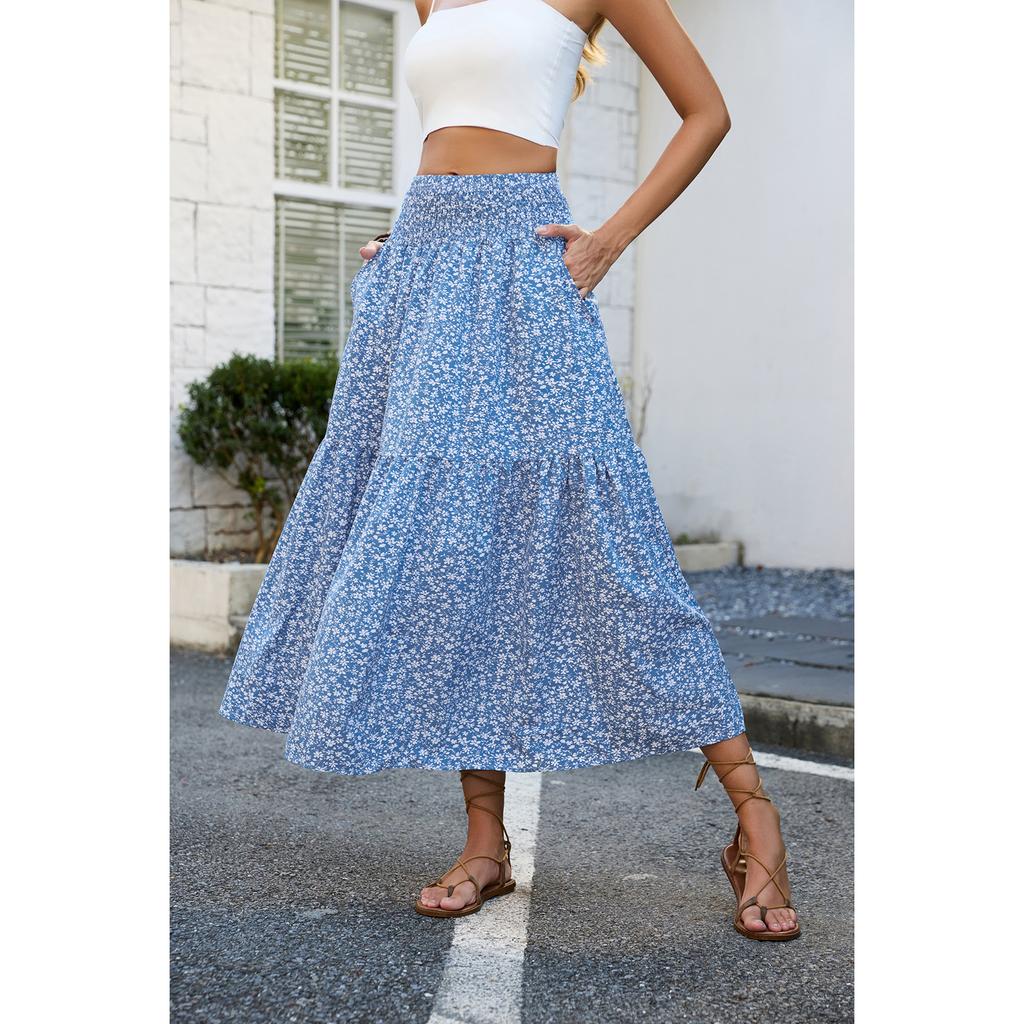 European and American Fresh Floral Long Skirt Slim Fit and Slimming Pleated High Waisted Skirt