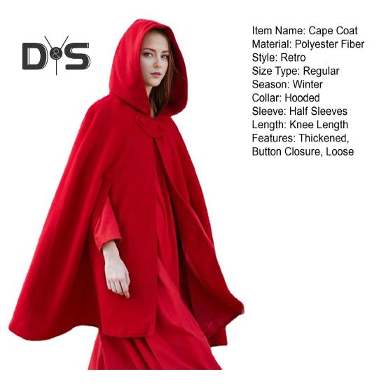 Winter Women Cape Coat with Hood Medieval Retro Cape Gothic Keep Warm Shawl Knee Length Loose Cloak Thick Single-Button Closure Outdoor Poncho Pirate