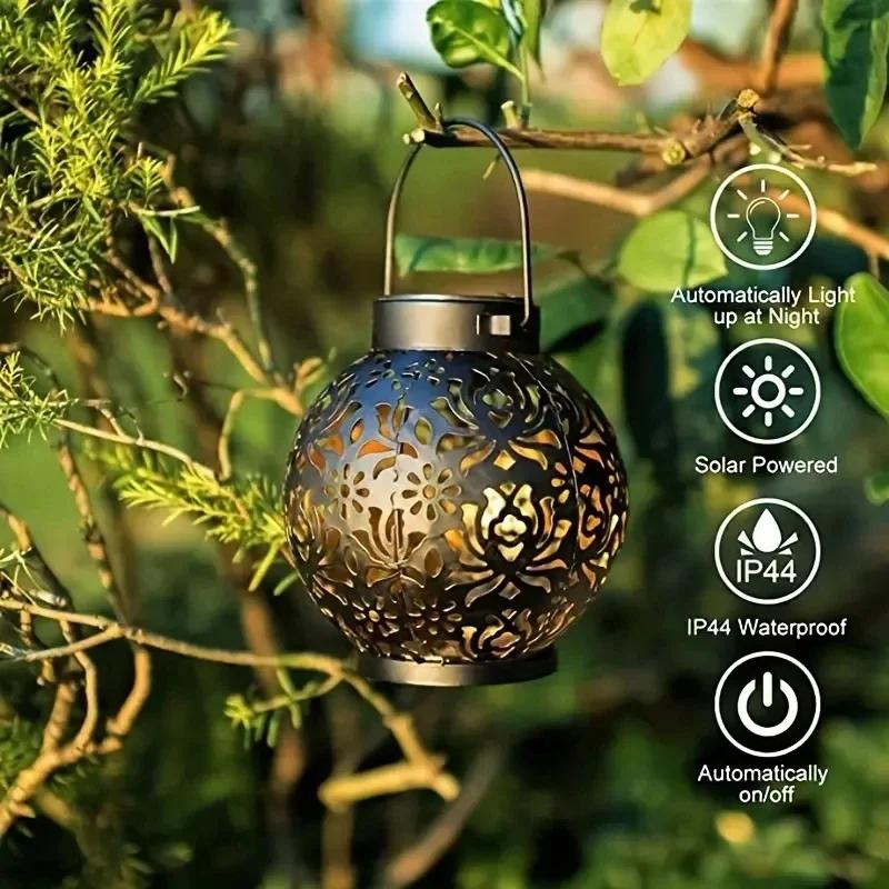 Projection Light New Solar Wrought Iron Lantern Hollow Outdoor Courtyard Landscape Garden Hanging Light Decorative Pendant