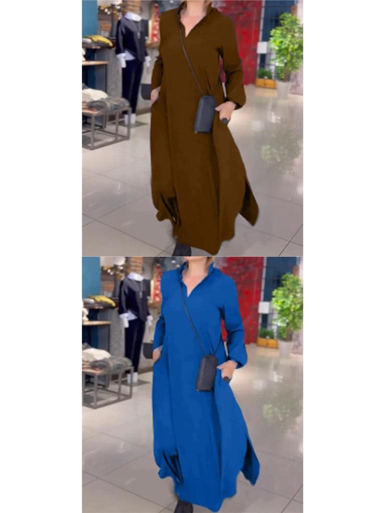 2026 Autumn/Winter European American Casual Solid Color V-Neck Long Sleeve Dress for Women