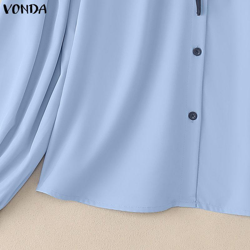 VONDA Women Casual Lace-up Neck Long Sleeve Stitching Solid Color Loose Blouse