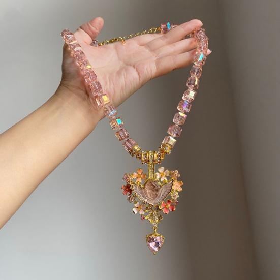 Vintage Angel Pendant Necklace, Sparkling Chunky Beaded Necklace, Pink Faux Diamond Heart Necklace, Retro Jewelry for Women