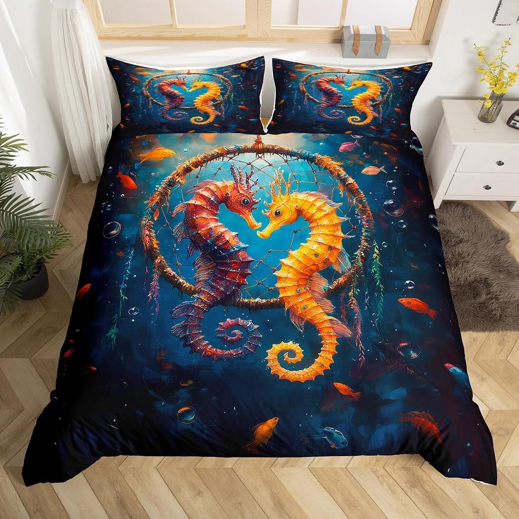 Seahorse Duvet Cover Sets For Kids Teens Queen Lightweight Bedding Sets Ocean Animal Bedspread Covers Bedroom Decor No Comforter