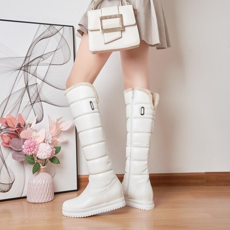 Autumn and Winter Warm Flat Boots Inner Height Increase High Tube and Knee Boots Side Zipper Snow Boots W