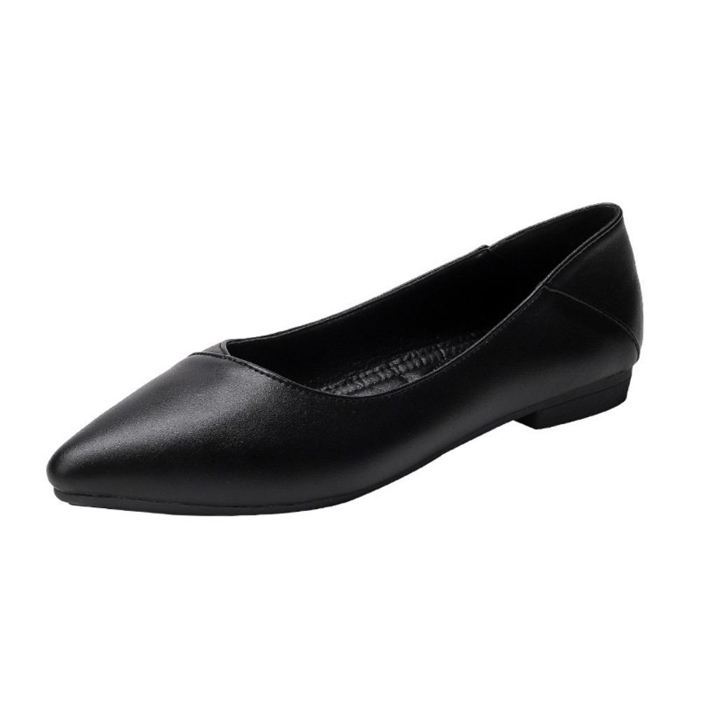 Women's Black Pointed-Toe Work Shoes - Soft Leather Shallow Mouth, Flat Soft-Soled, Comfortable for Interview/Flight Attendant, XCY36-357