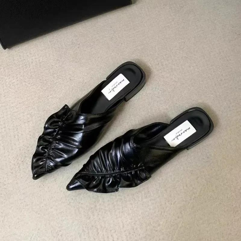 

модные женские летние новые модные плиссированные дизайнерские плоские удобные мюли с острым носком, без застежек, для вечеринок, для улицы, женские сандалии 40 чёрный