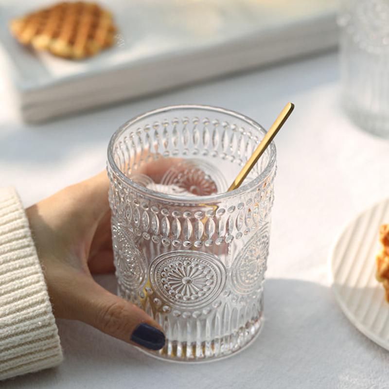 4Pcs/2Pcs/1Pcs Nordic Style Sunflower Water Cup 300Ml/350Ml Retro Relief Glass Cup French Cold Drink Cups Transparent Juice Cup