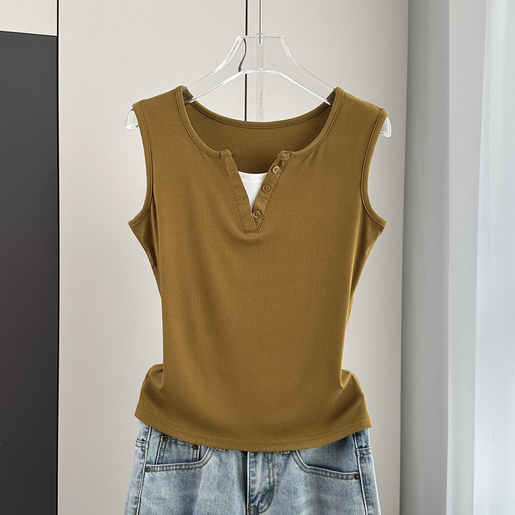 Fake Two-Piece Sleeveless Tank Top Casual Slim Fit Button Decor Summer Top Versatile Breathable Soft Material Flattering Slim Women Top