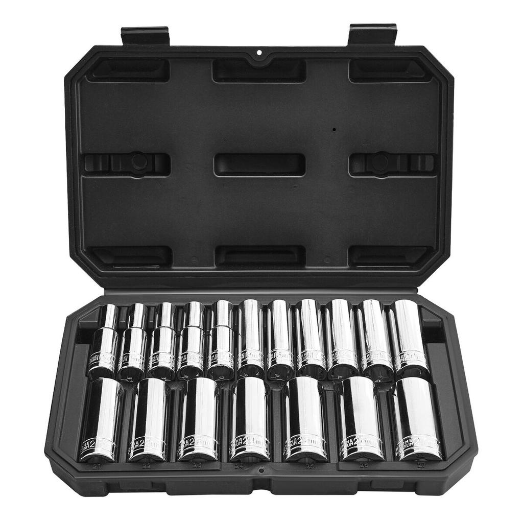 Socket Set, 18 Pieces, 12.7 mm Drive Socket Tool Set, Metric Size from 10 to 27 mm, Mechanic Tool Kit with Storage Case, Clear Markings, Chrome Plated