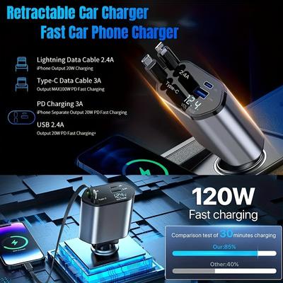 120W 4'ü 1 arada Geri Çekilebilir Araç Şarj Cihazı - Hızlı USB + Type-C LED Ekranlı iPhone 15/Samsung/Pixel için