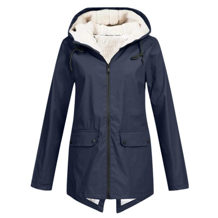 Women Plus Size Waterproof Stripe Plush Hooded Raincoat Outdoor Windproof Rain Jacket Solid L темно-синий