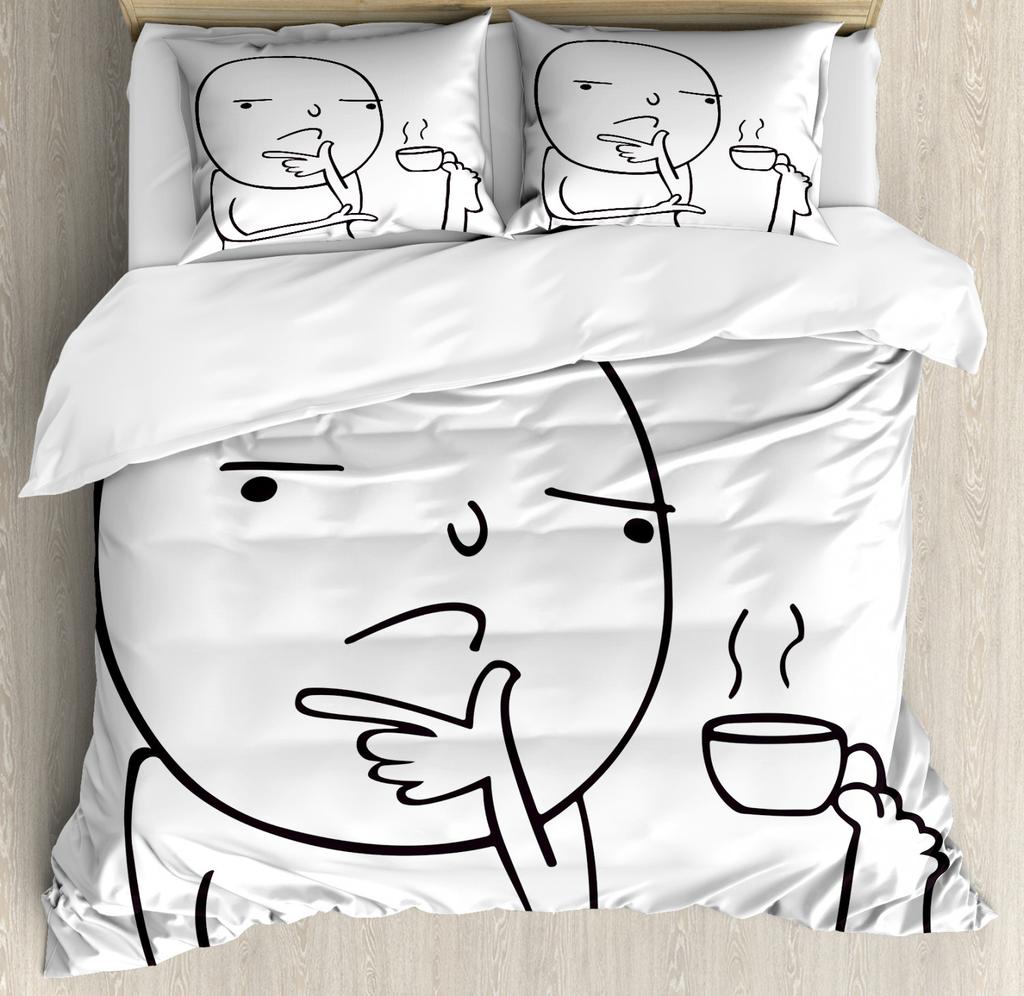Humor Decor Queen Size Duvet Cover Cartoon Style Troll Face Guy with Popular Artful Facial Expression Soft Polyester Bedding Set