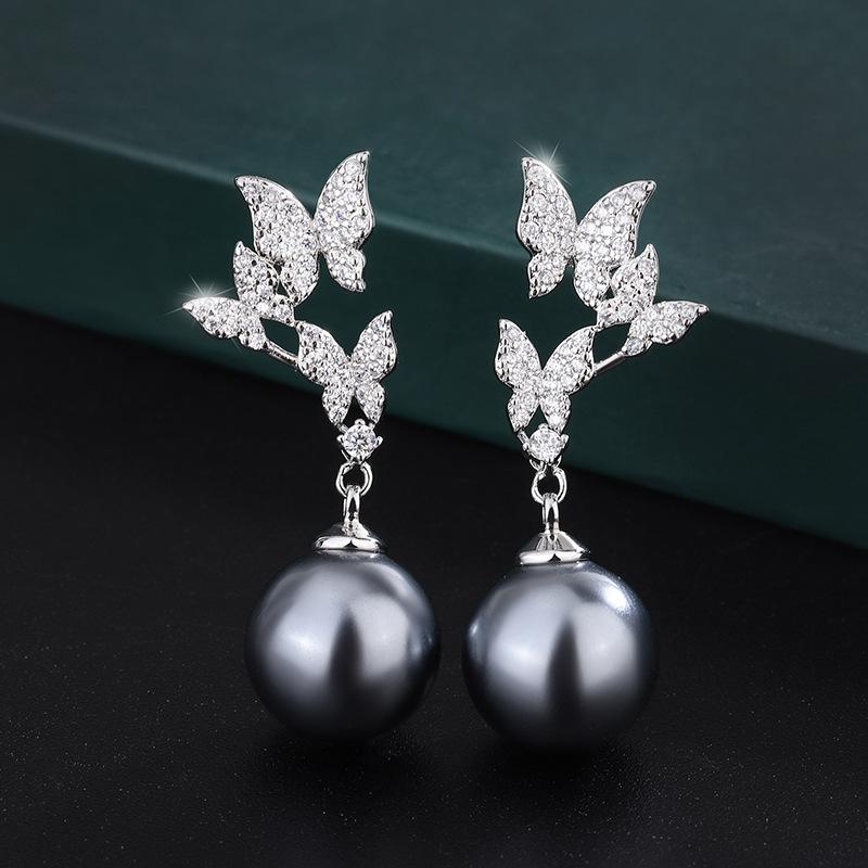 Jewelry Copper Bottom Gold-Plated Inlaid Gray Bead Butterfly Handmade Diamond Set 14Mm12Mm