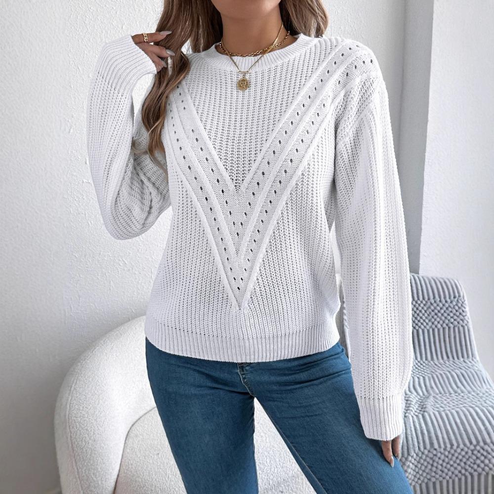 

Женский вязаный свитер, повседневный однотонный пуловер с V-образным вырезом, ажурный, с рукавами-колокольчиками S