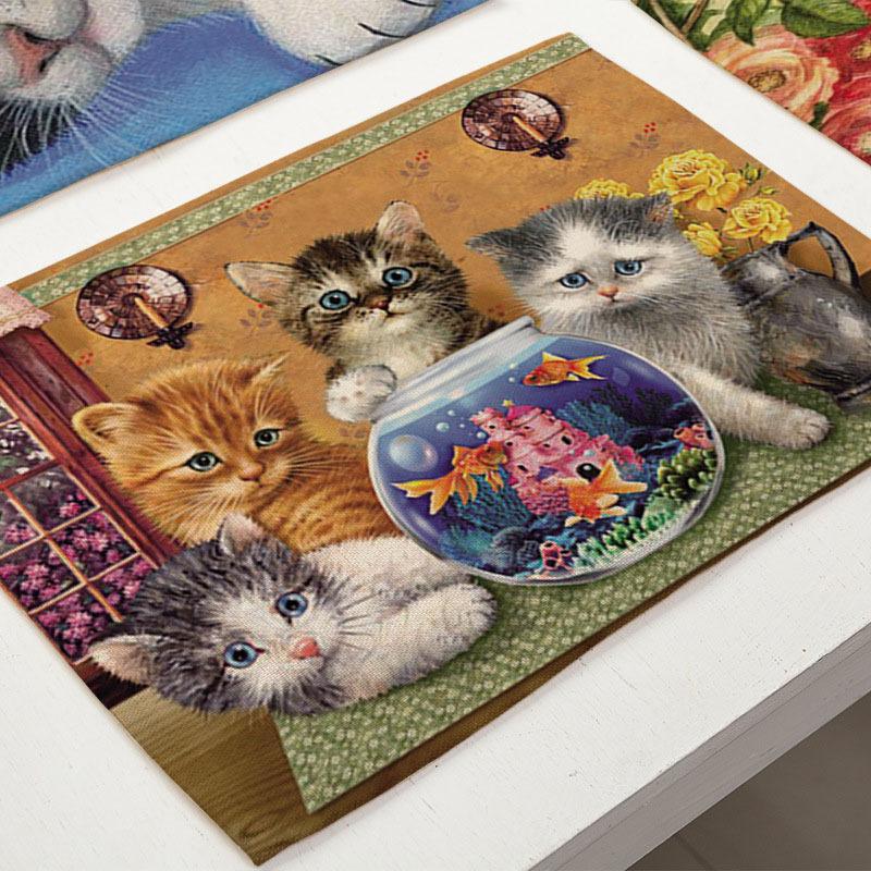 45X30cm Cute Cat Flower Pattern Placemat Dining Table Mats Cotton Linen Drink Coaster Western Pad Cup Mat For Home Decor Gifts