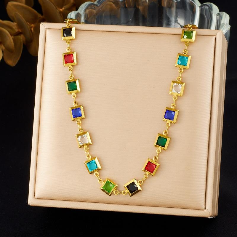 Gold Plated Multicolor Square CZ Jewelry Set, Stainless Steel Rainbow Gem Necklace Bracelet Set, Waterproof Boho Jewelry for Women Gift