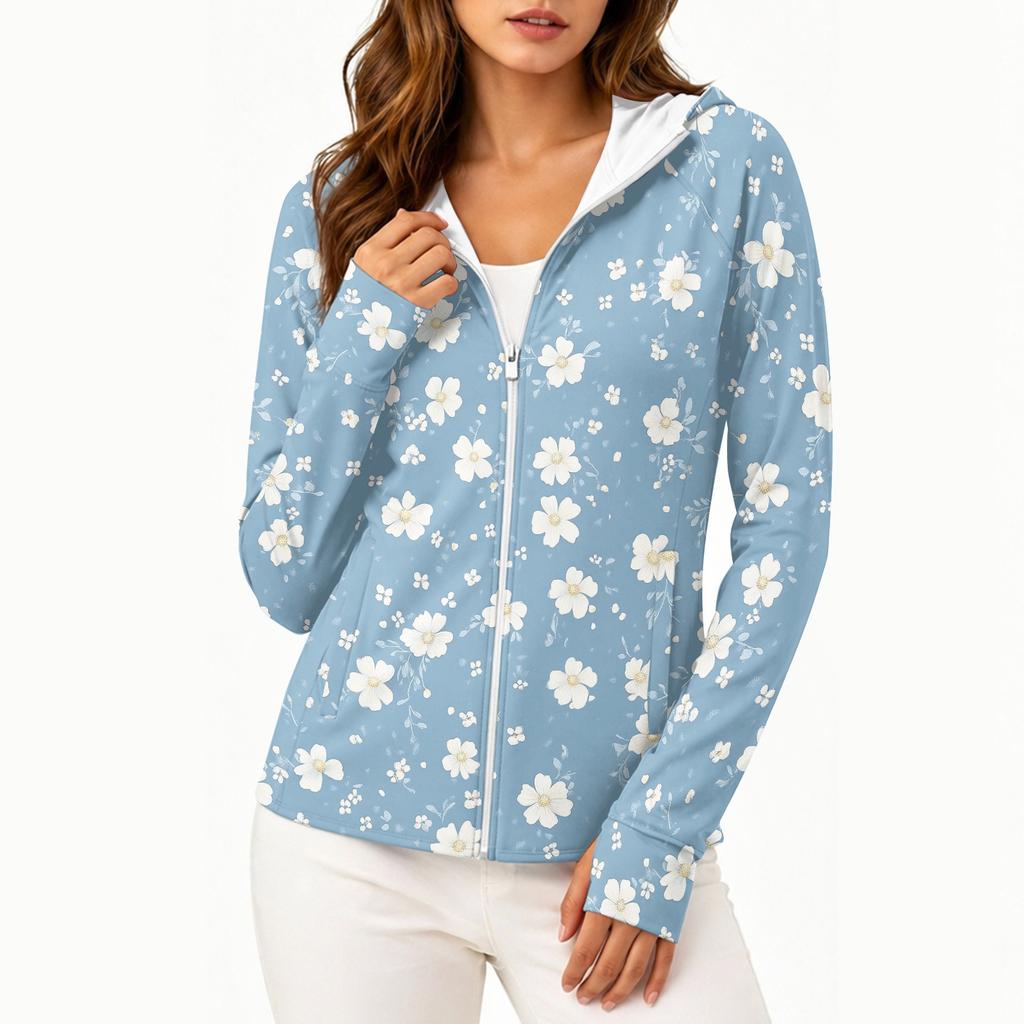 Sudadera con capucha ligera para mujer con cremallera, manga larga, capucha y bolsillos, estampado floral, ropa exterior con protección solar