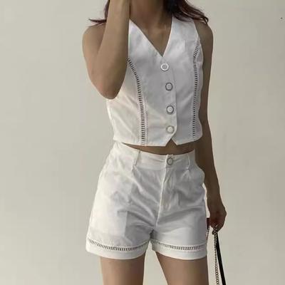 Yousheng Women Two Piece Set Sleeveless Matching Set V-Neck Button Down Vest Shorts Set with Pocket Summer Casual Outfit