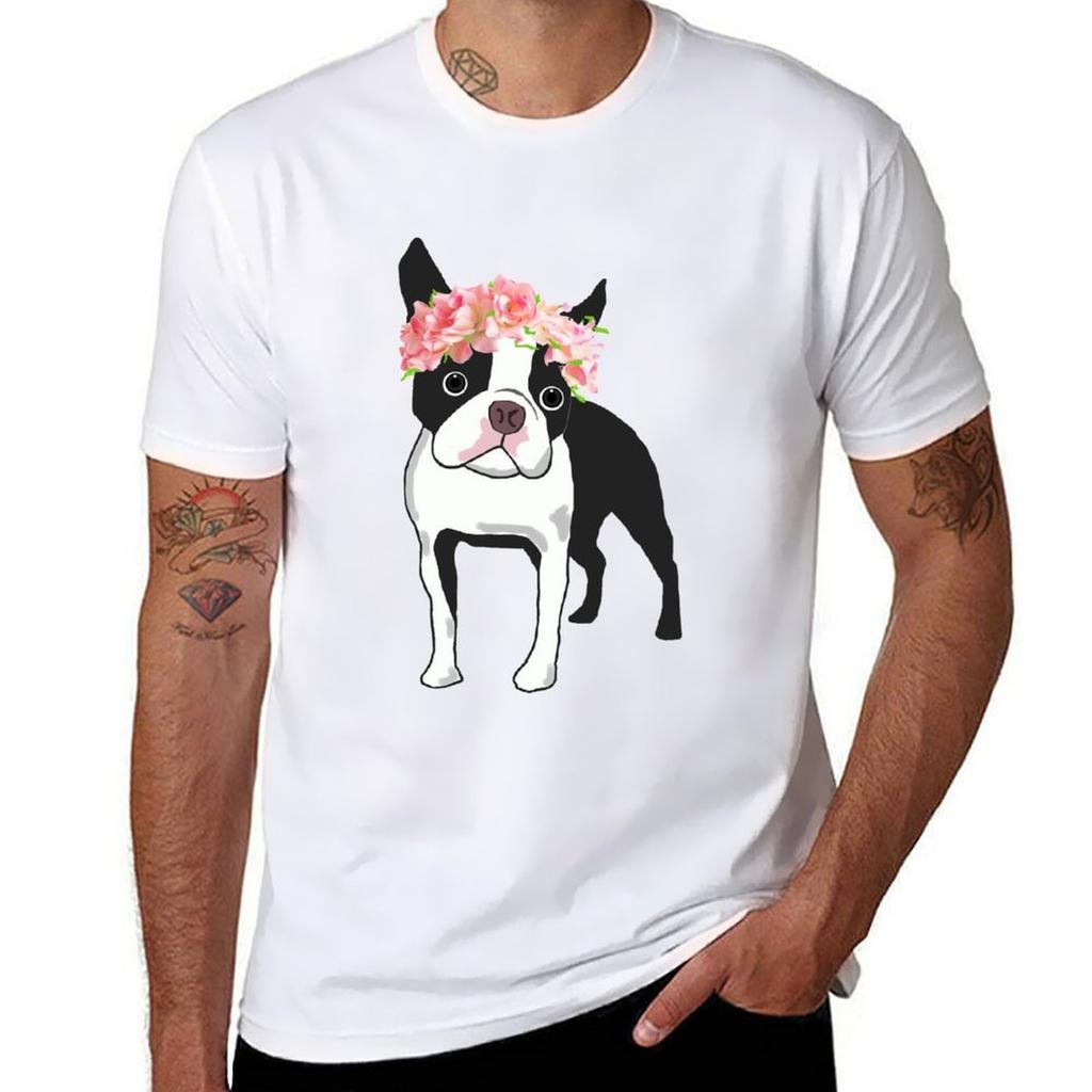 Boston Terrier And Flowers Tshirt Simple Casual Short Sleeve Cotton Tshirt
