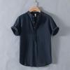 New Stand-up Collar Short-sleeved Cotton and Linen Shirt Men's Fresh Solid Color Loose Shirt