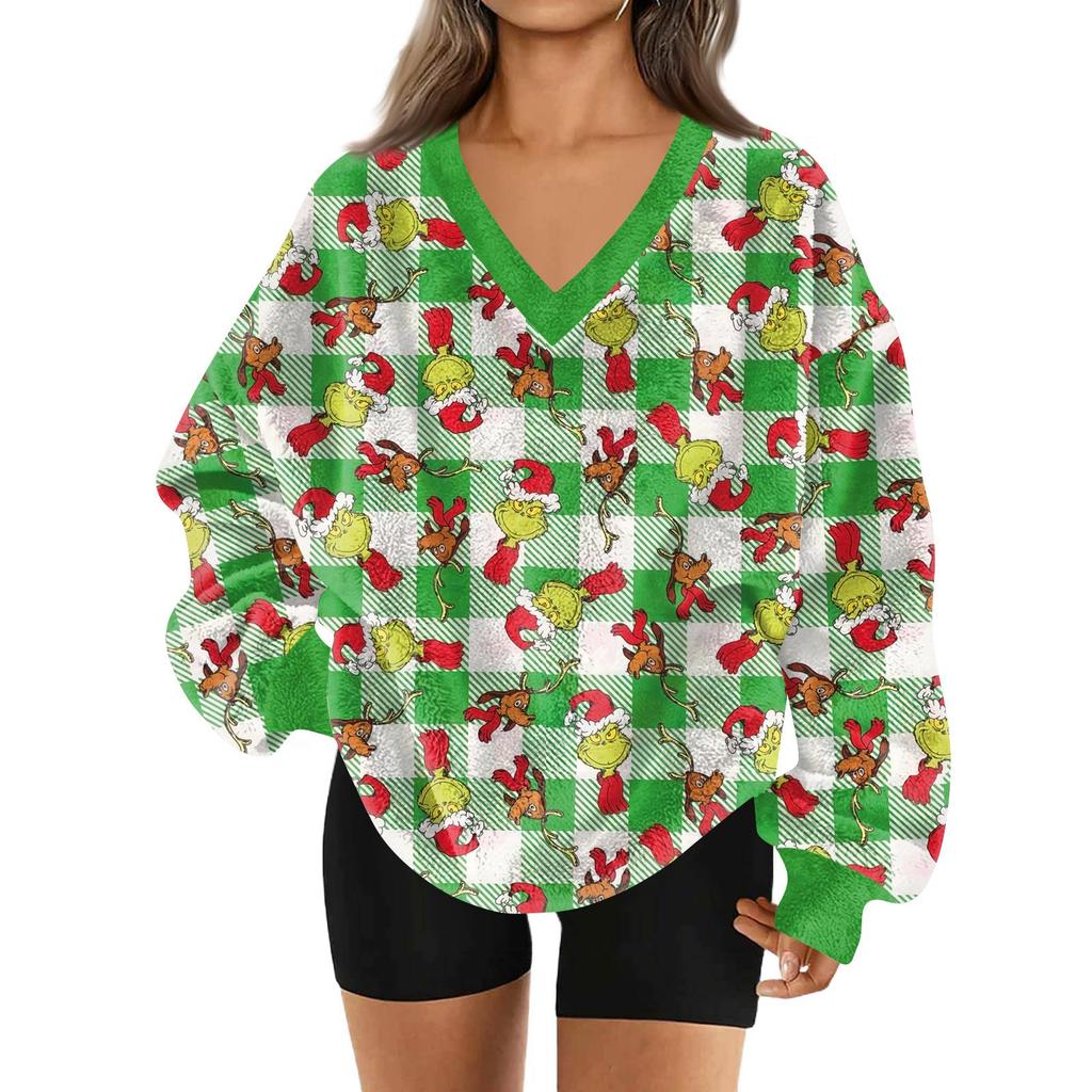 Women's Fashionable V-neck Christmas Printed Long Sleeved Casual Pullover Plush Warm Pocket Sweatshirt Top