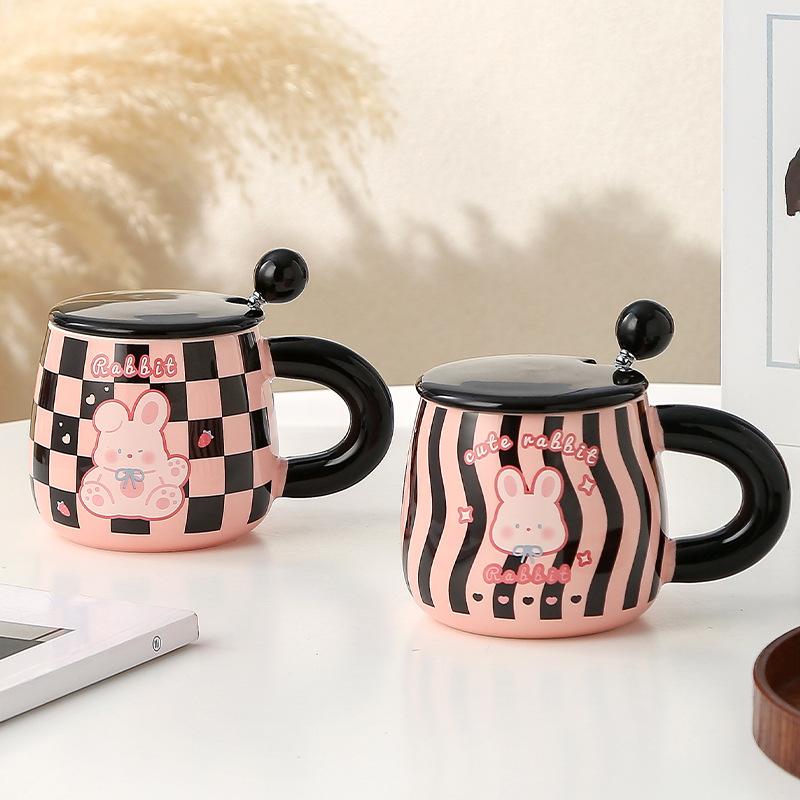 Mugg med lock sked par keramisk kopp flickor söt kreativ hem kontor vattenkopp frukostkopp